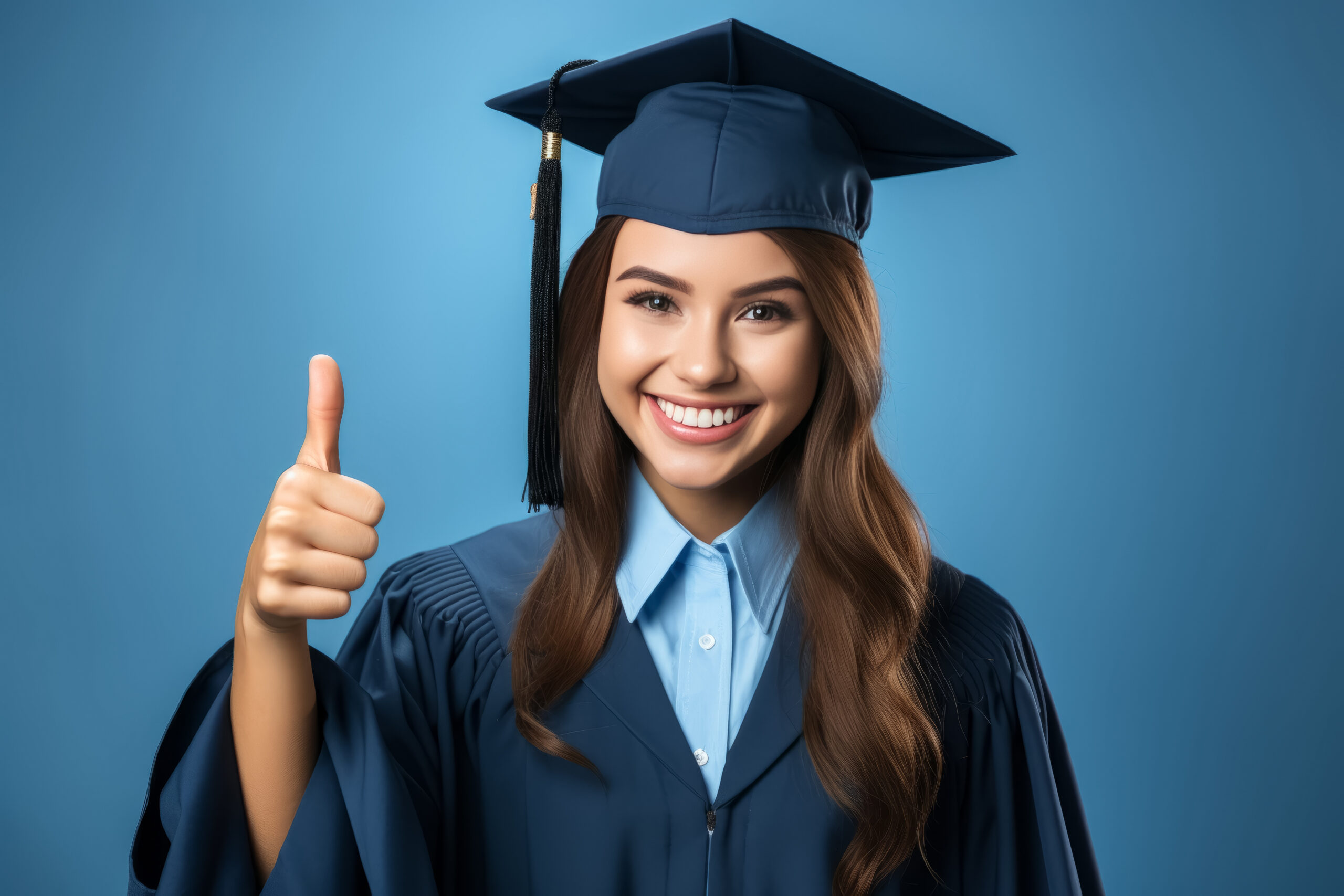 Student Girl Wearing Graduated Cap And Uniform Doing Happy Thumbs Up Gesture With Hand. Copy Space